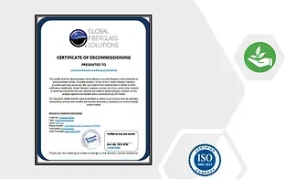 A certificate of decommissioning is displayed in front of an iso logo.